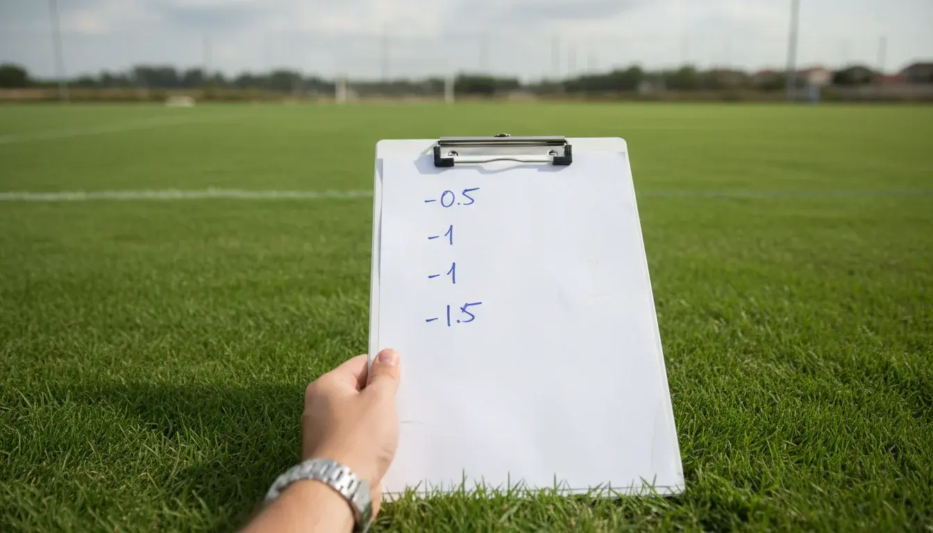 Voetbalveld met tactisch bord waarop Asian Handicap lijnen staan uitgelegd