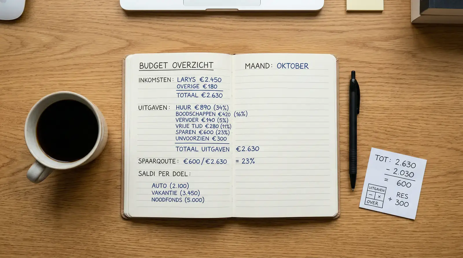 Geordend bureau met een notitieboekje vol berekeningen en een pen ernaast