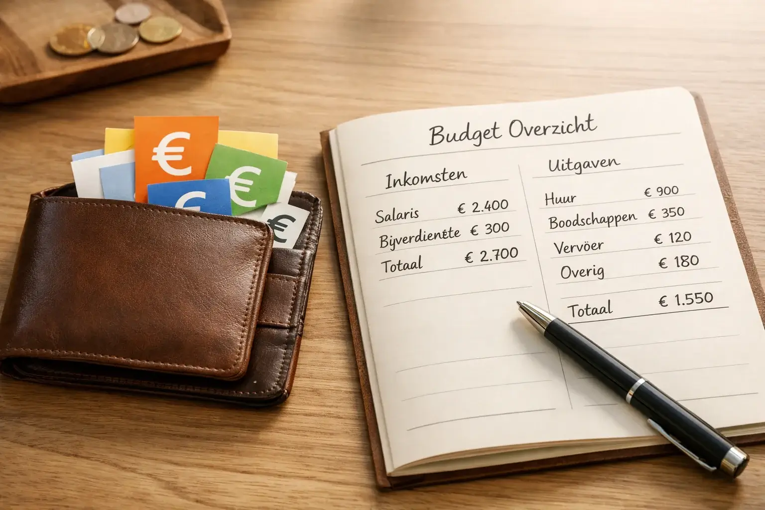 Portemonnee met eurobiljetten en budgetplanning op papier