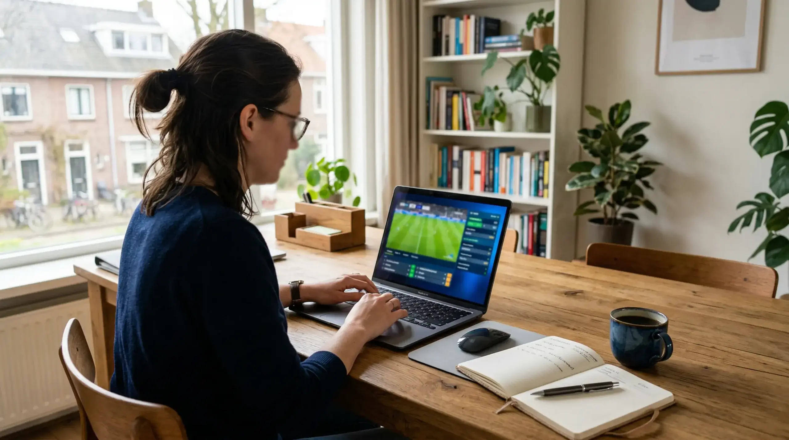 Persoon vergelijkt sportweddenschappen op een laptop in een Nederlandse woonkamer