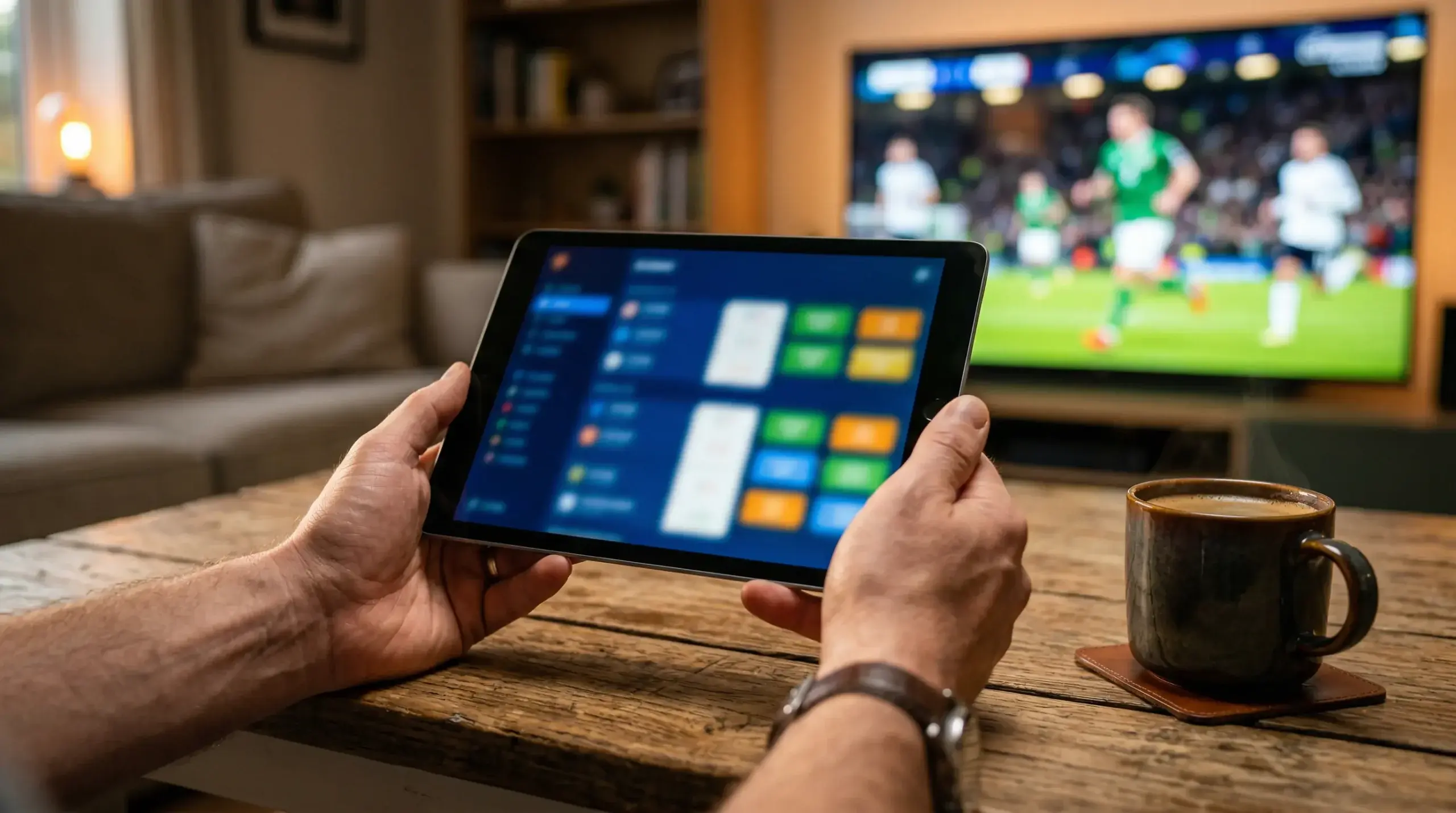 Persoon bouwt een gepersonaliseerde weddenschap op een tablet bij een voetbalwedstrijd