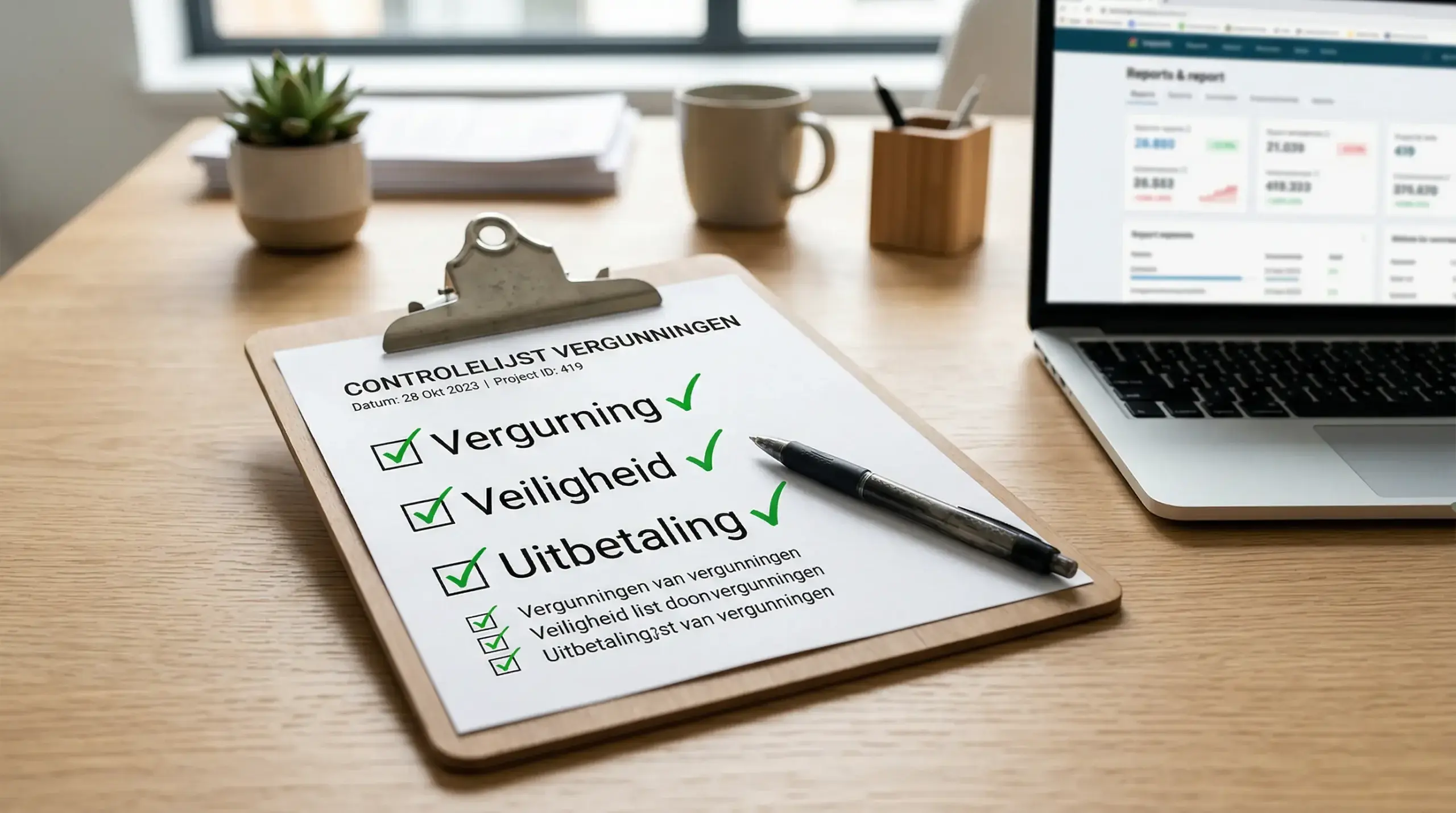 Checklist op een klembord met groene vinkjes naast een laptop met een bookmakersite