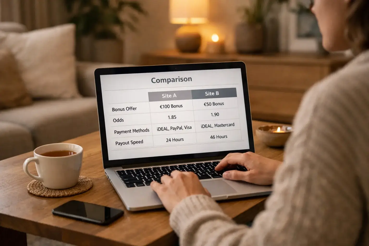 Persoon vergelijkt bookmakers op een laptop in een gezellige omgeving