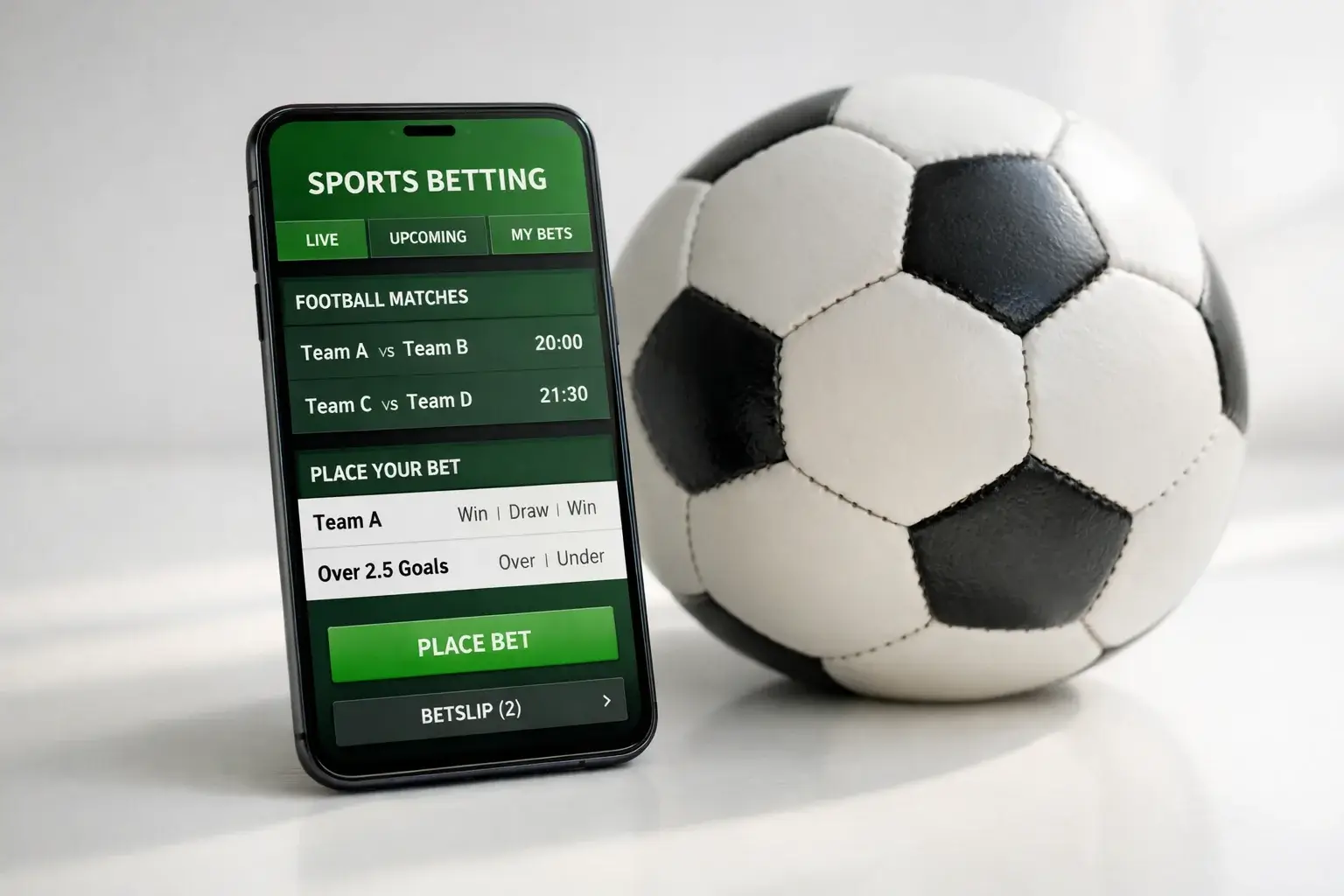 Smartphone met sportweddenschap-app naast een voetbal