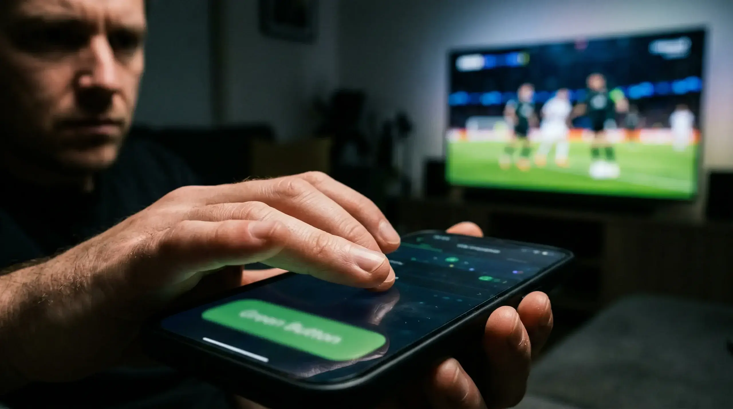 Hand boven een groene cash-out knop op een smartphone tijdens een voetbalwedstrijd