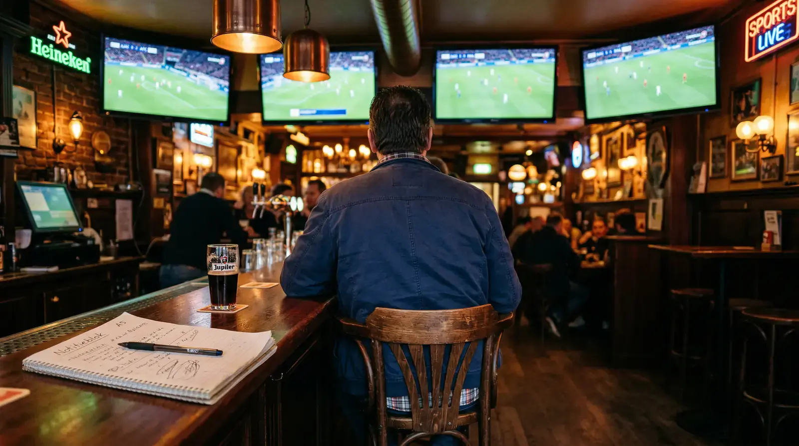 Meerdere voetbalwedstrijden tegelijk op schermen in een sportkroeg