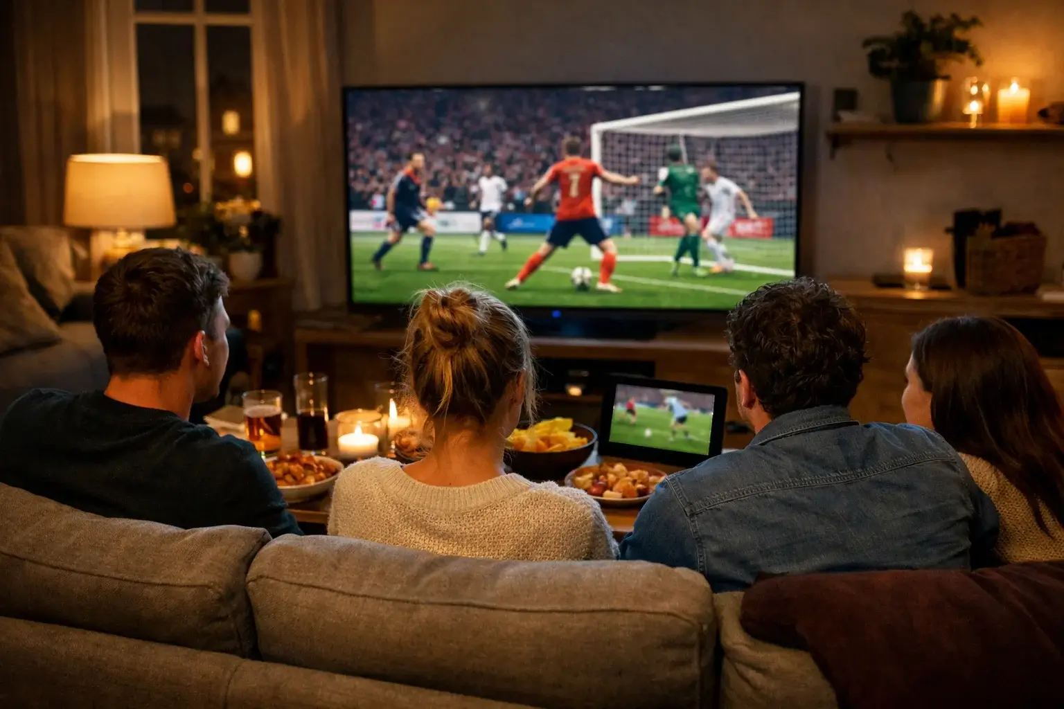 Groep vrienden bekijkt voetbalwedstrijden op meerdere schermen