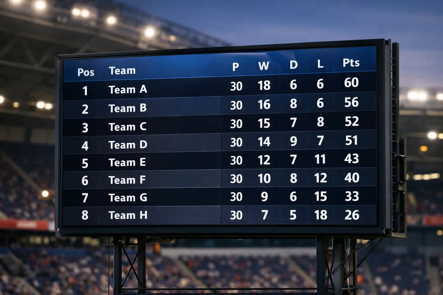 Eredivisie competitiestand op een digitaal scorebord