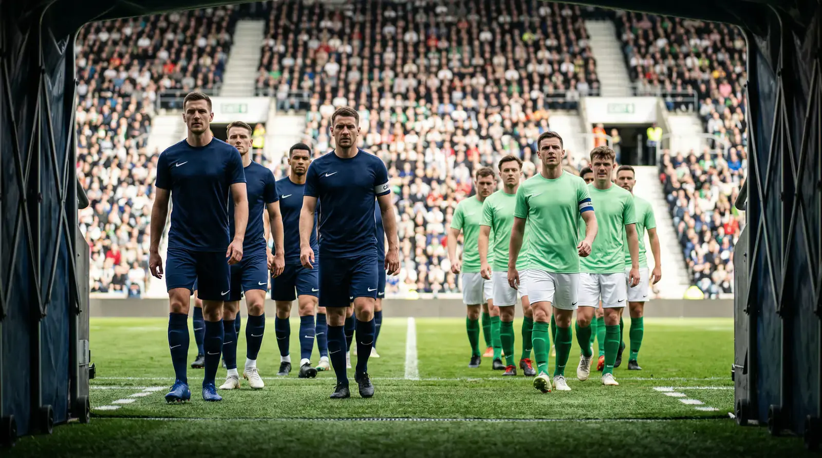 Twee voetbalteams betreden het veld: een grote club in strak tenue en een kleine club vol motivatie