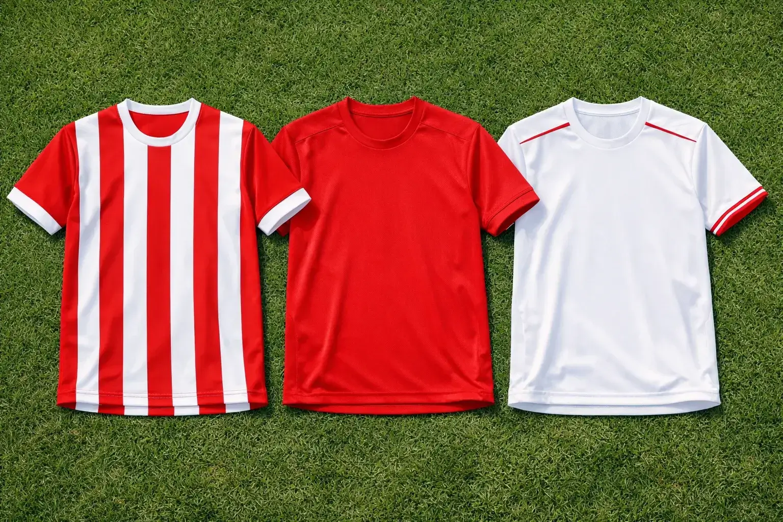 Drie voetbalshirts in rood wit en geel naast elkaar op gras