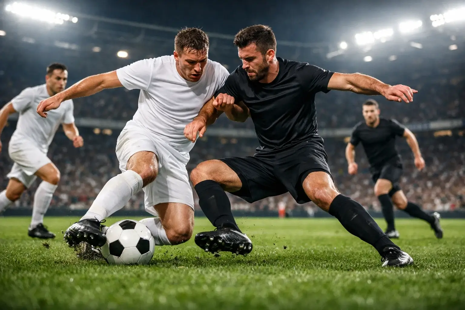 Dynamische voetbalactie op het veld met bewegende spelers