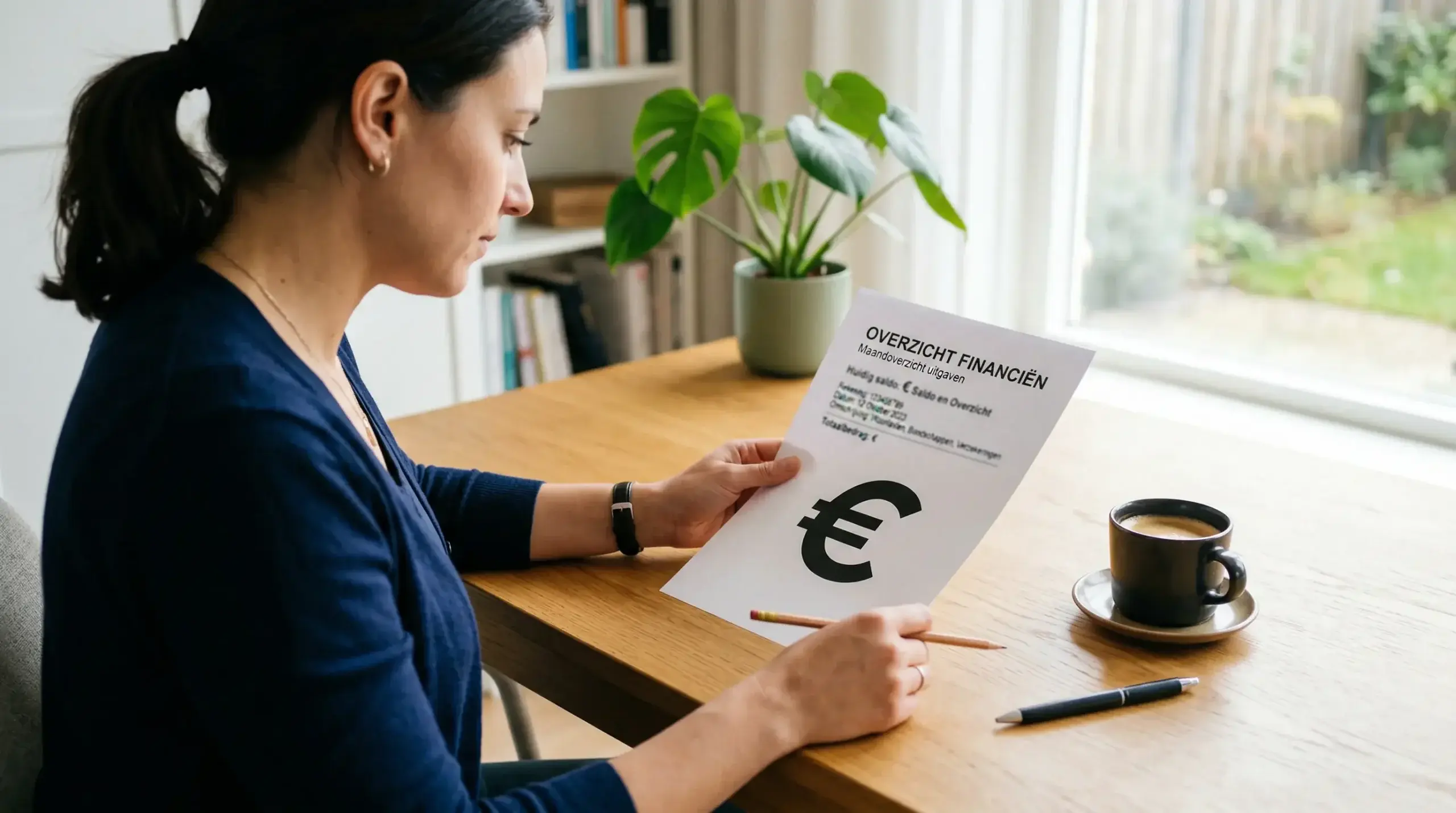 Persoon bekijkt een document met € symbolen aan een bureau met een kop koffie