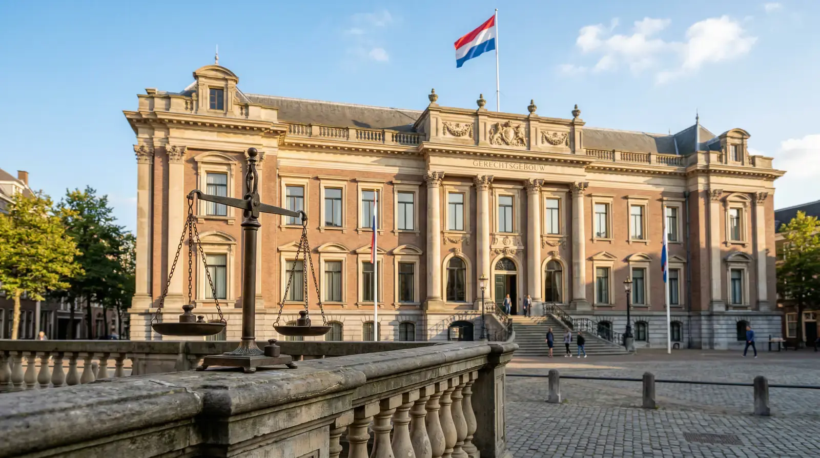 Nederlands overheidsgebouw met een weegschaal als symbool voor wetgeving en rechtvaardigheid