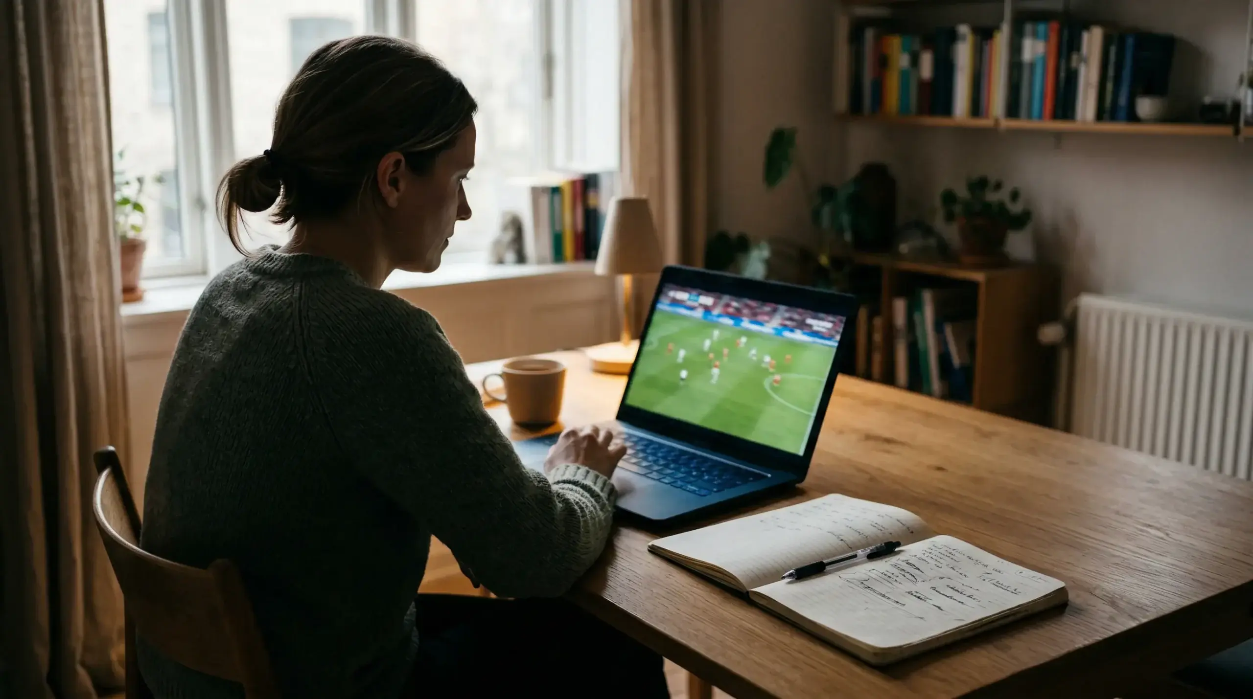 Persoon bekijkt een live voetbalstream op een laptop met notitieblok ernaast