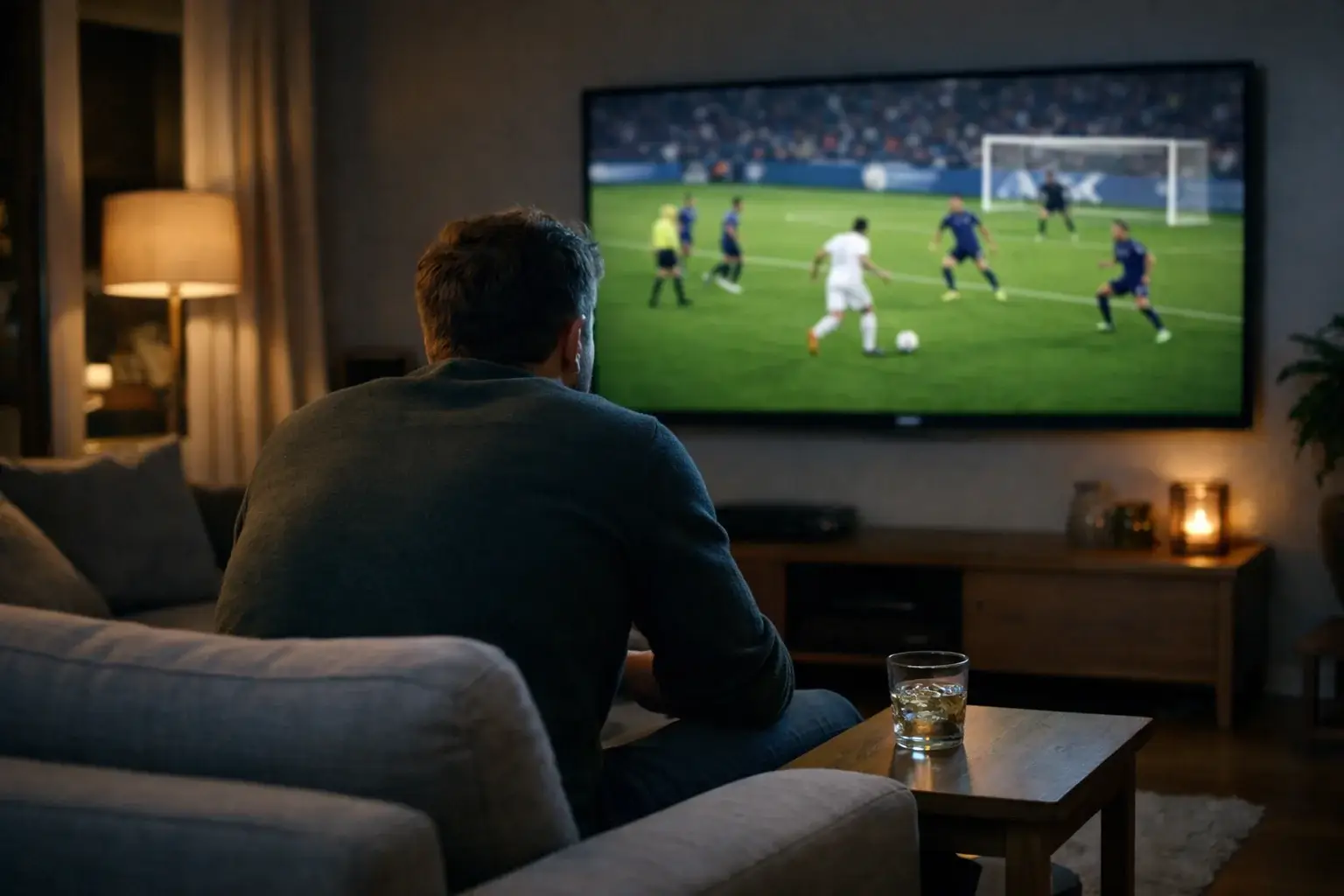 Persoon kijkt geconcentreerd naar voetbalwedstrijd op groot scherm