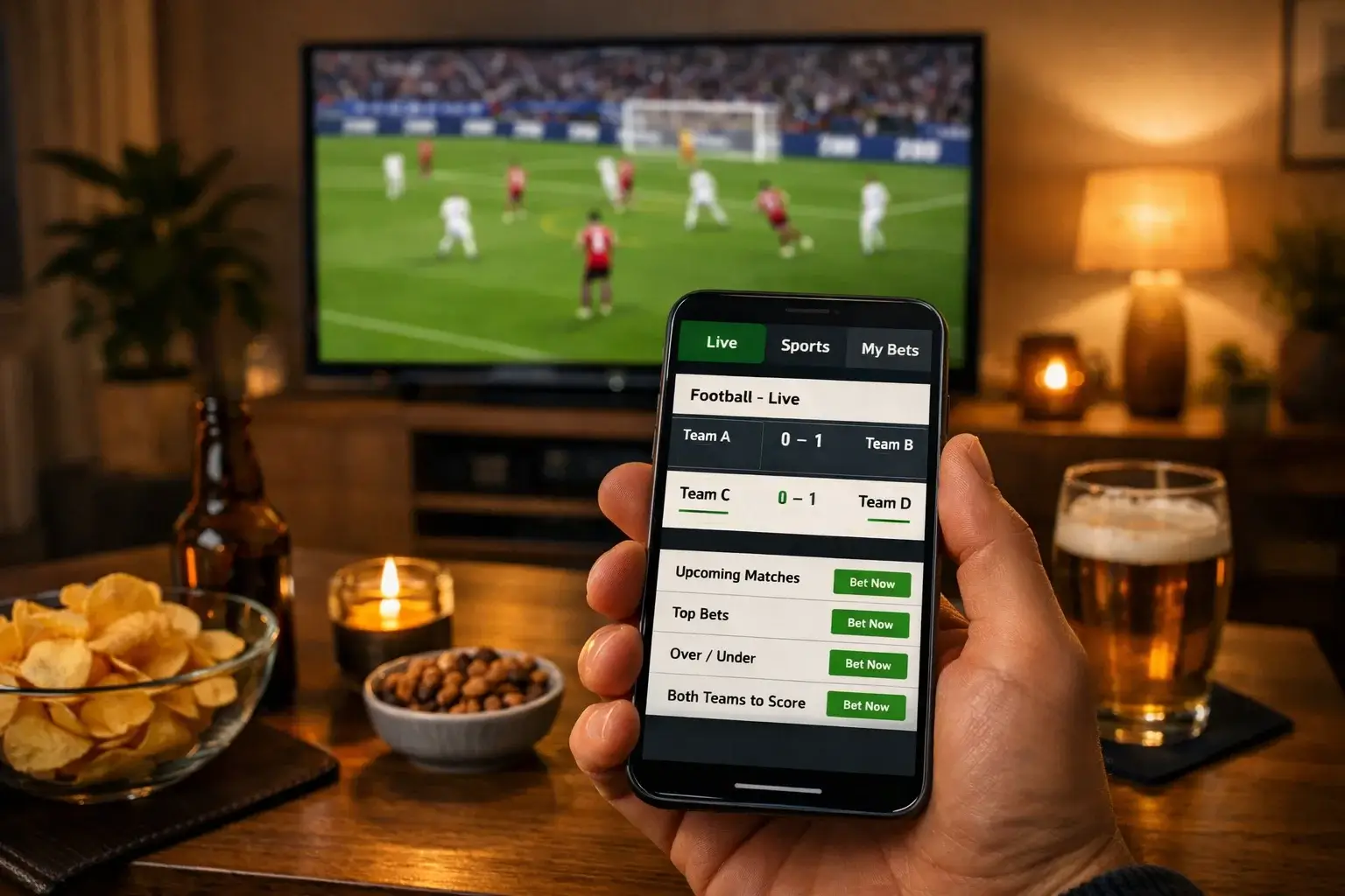 Voetbalwedstrijd op televisie met smartphone ernaast voor live wedden