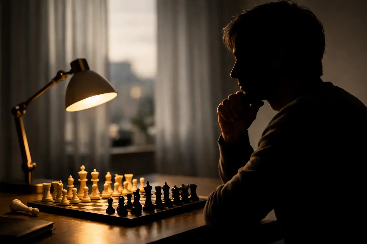 Nadenkende persoon met schaakstukken als strategiesymbool