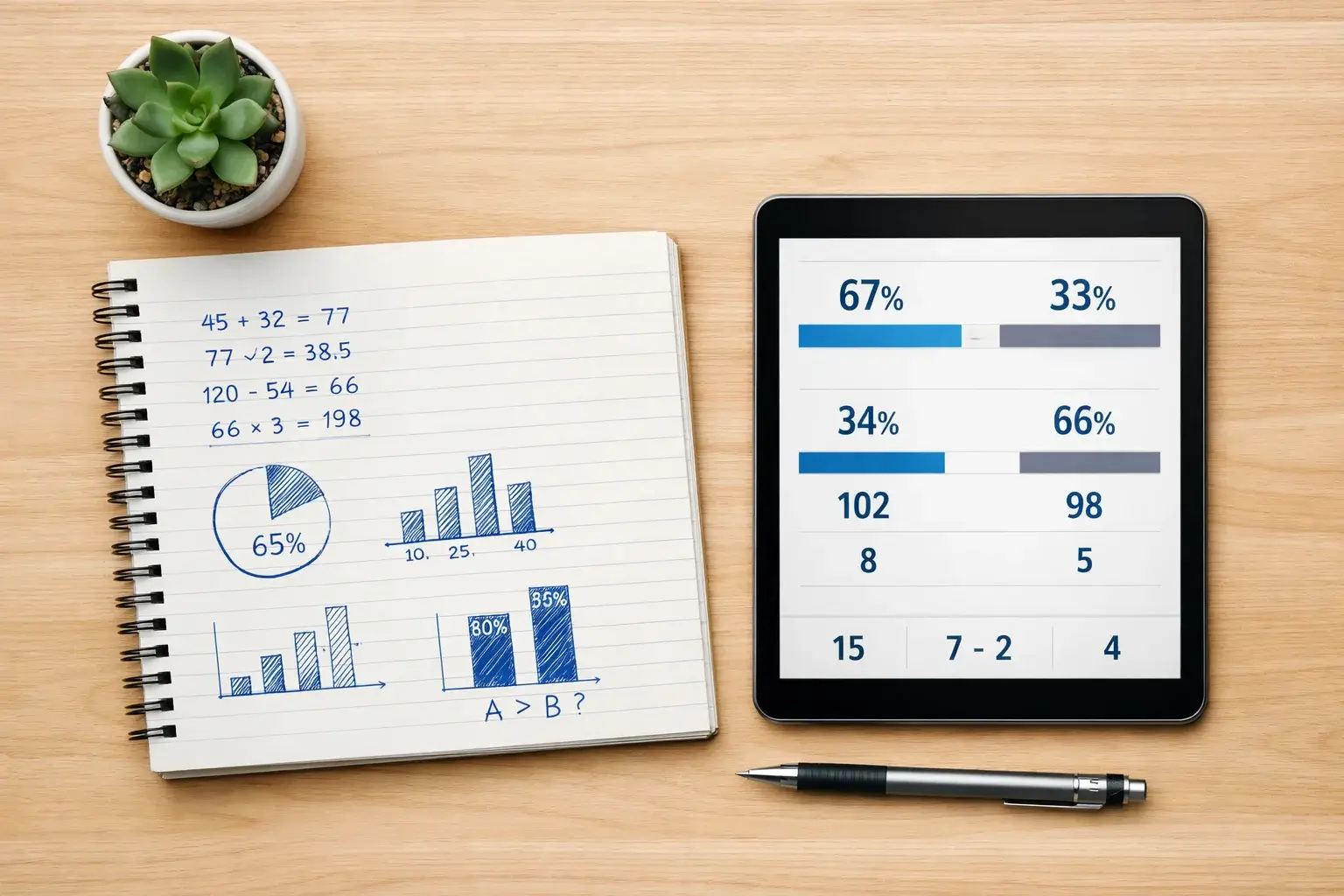 Notitieboek met handgeschreven berekeningen naast een tablet met voetbalstatistieken