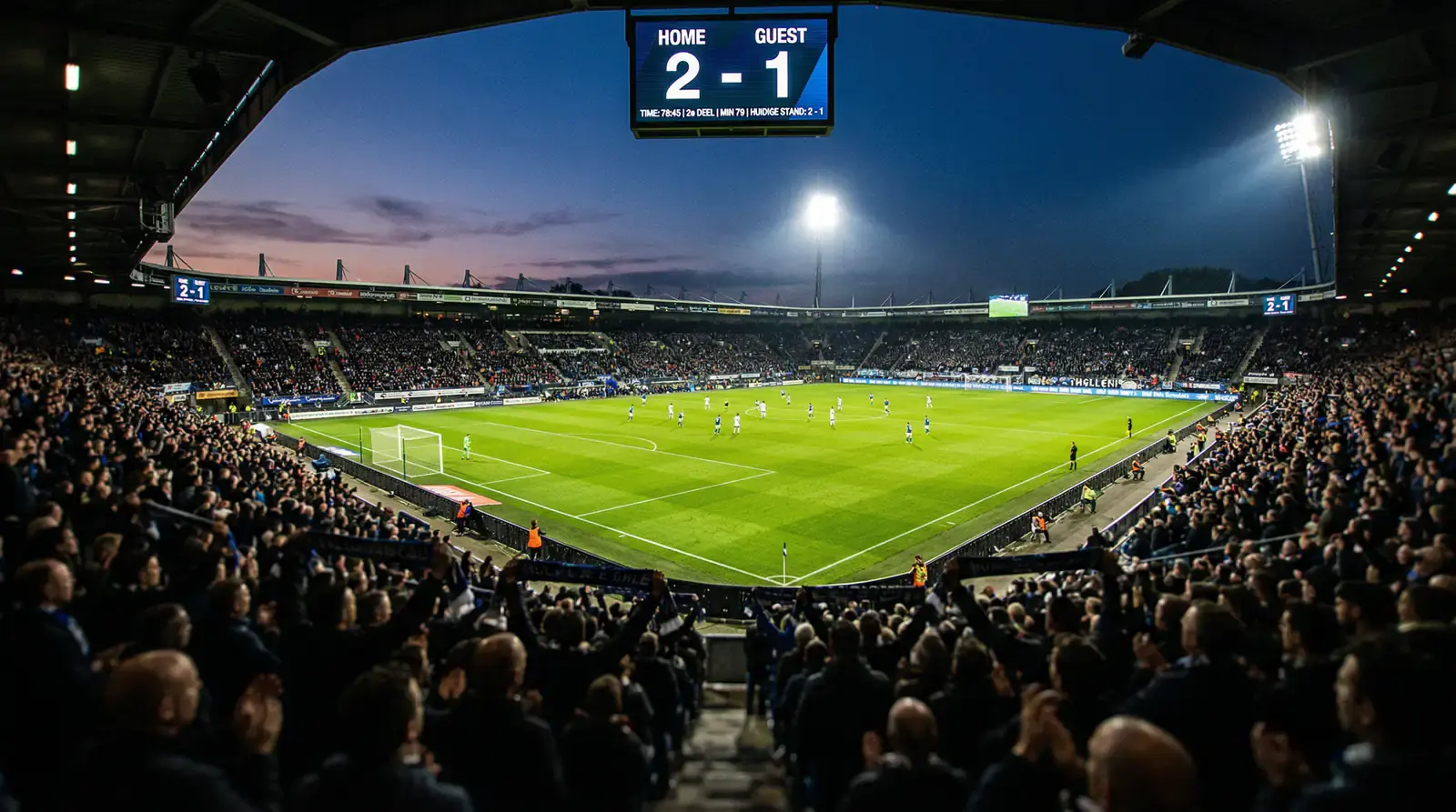 Voetbalstadion bij avondlicht met scorebord dat doelpunten toont