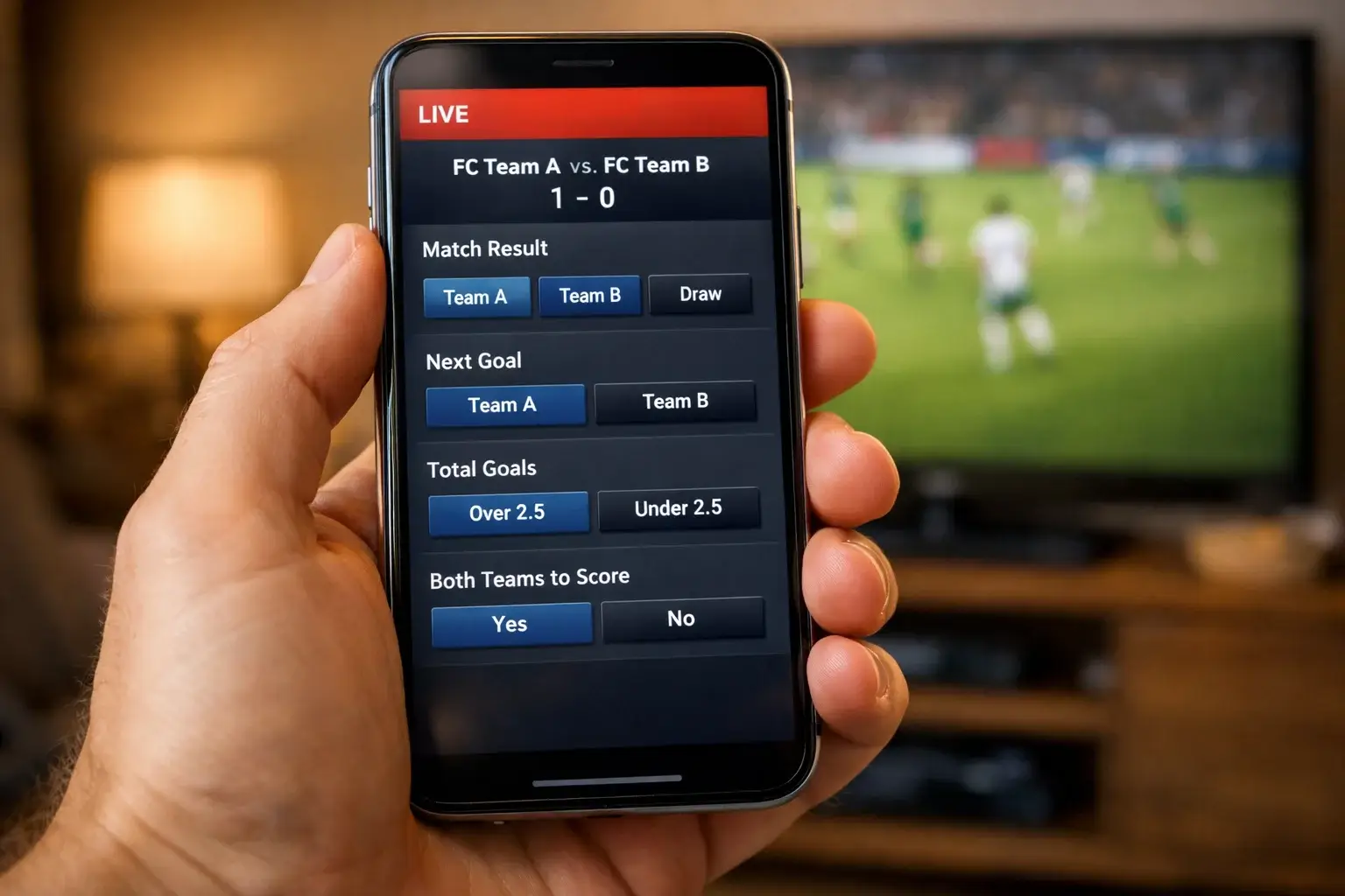 Smartphone scherm met live wedden interface en voetbalmarkt opties