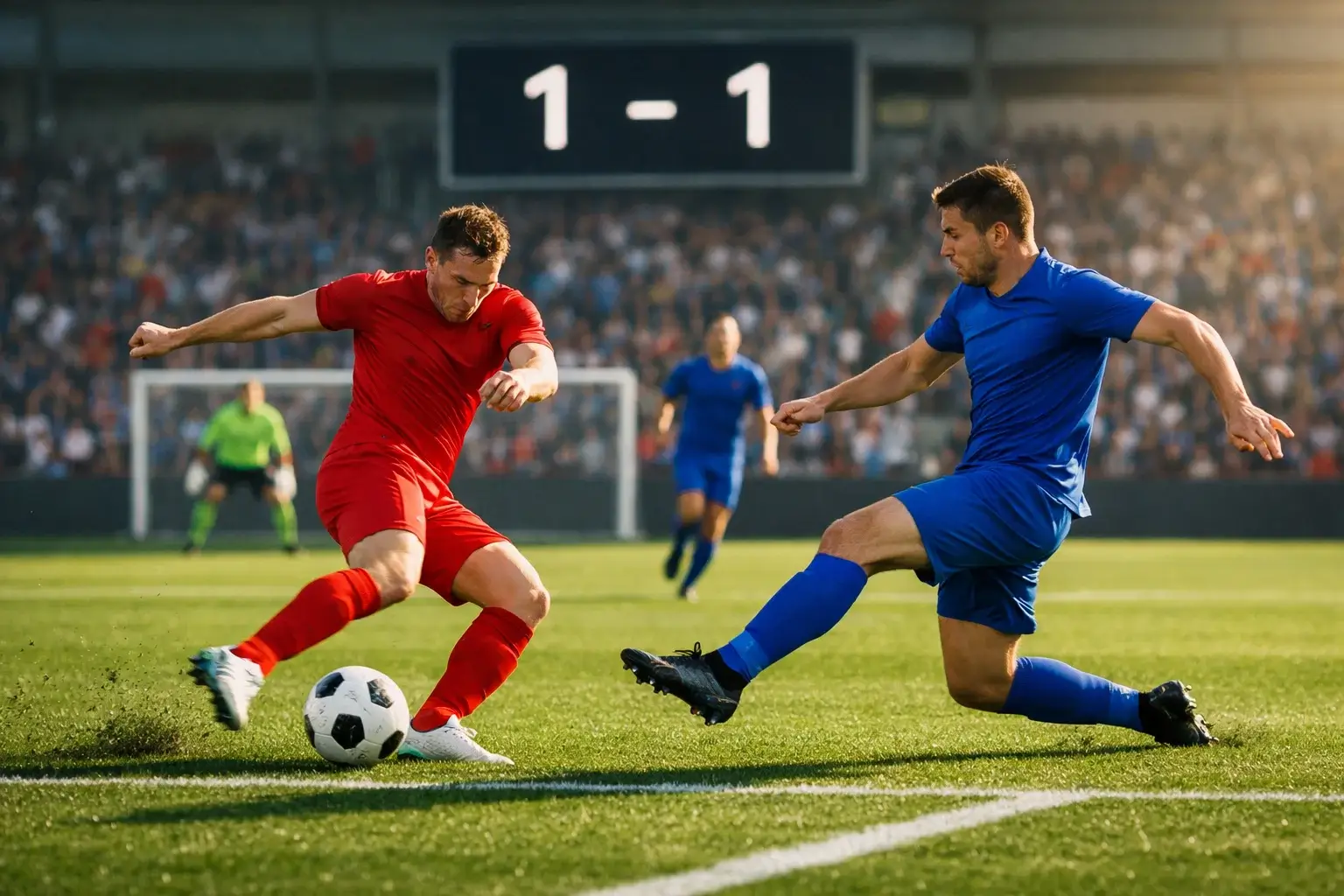 Scorebord op voetbalveld met beide teams in actie tijdens een competitiewedstrijd