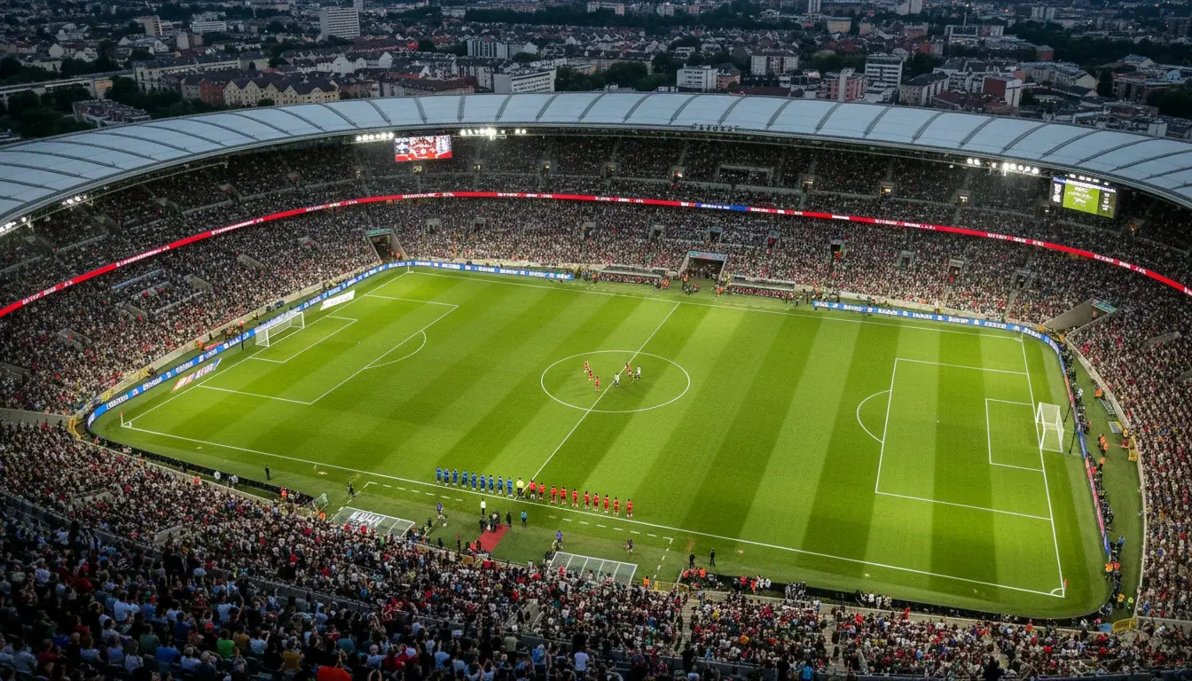 Voetbalstadion van bovenaf met verschillende wedstrijdmomenten op het veld