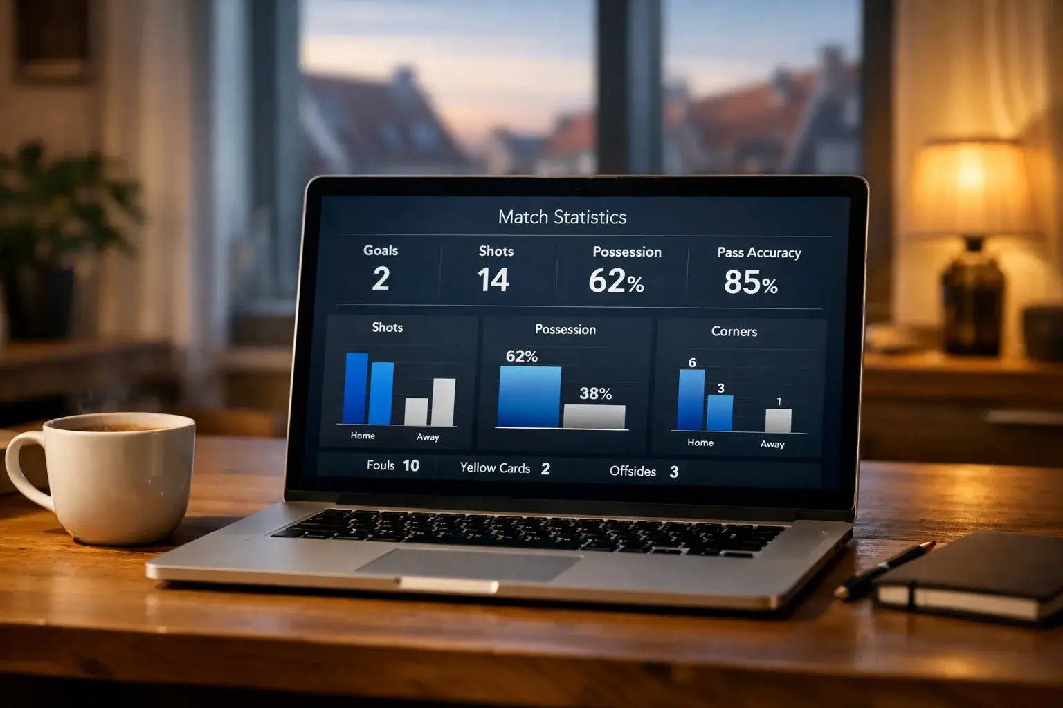 Laptop scherm met voetbalstatistieken en wedstrijddata