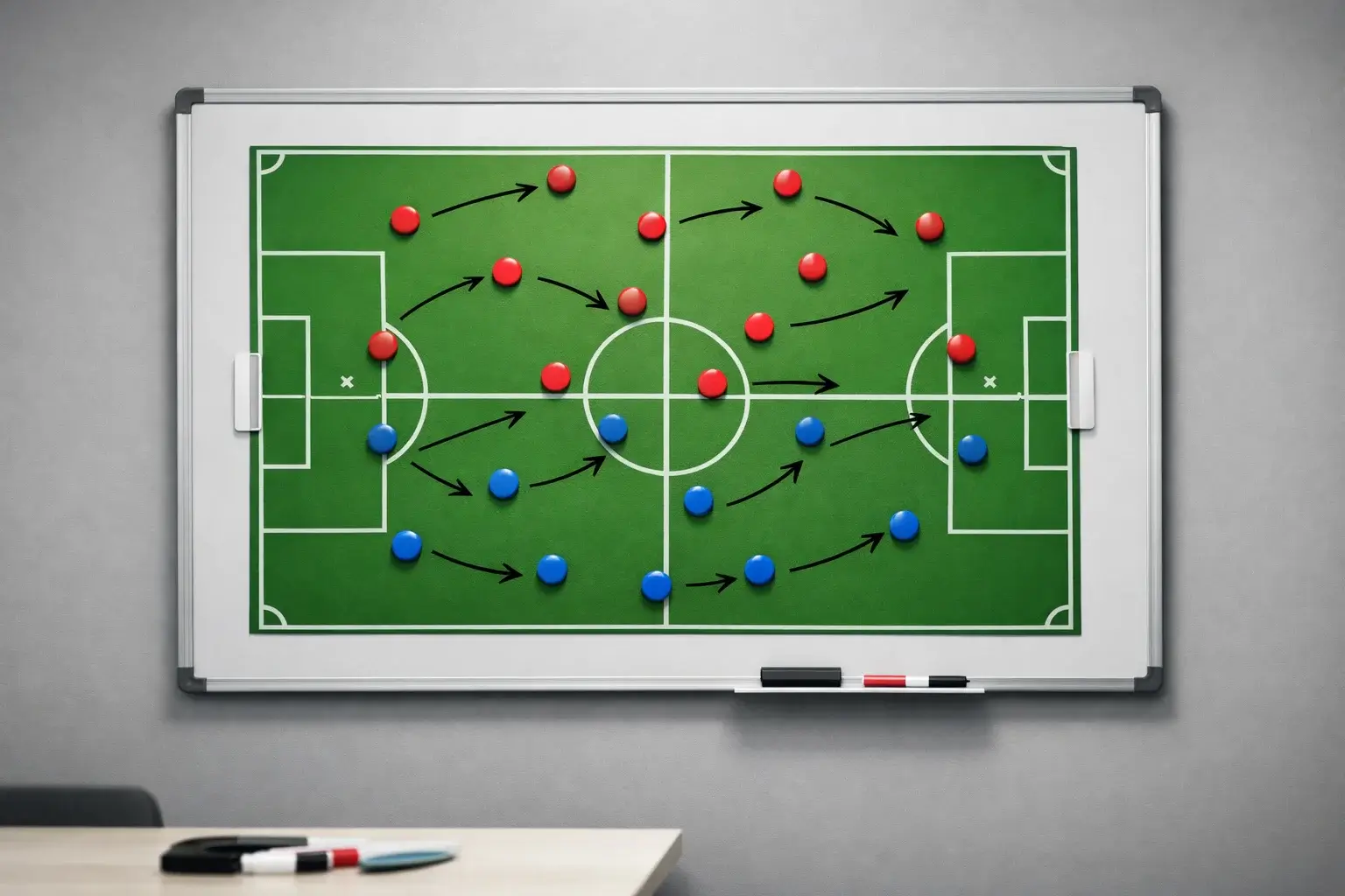 Tactiekbord met voetbalopstellingen en pijlen in een analysekamer