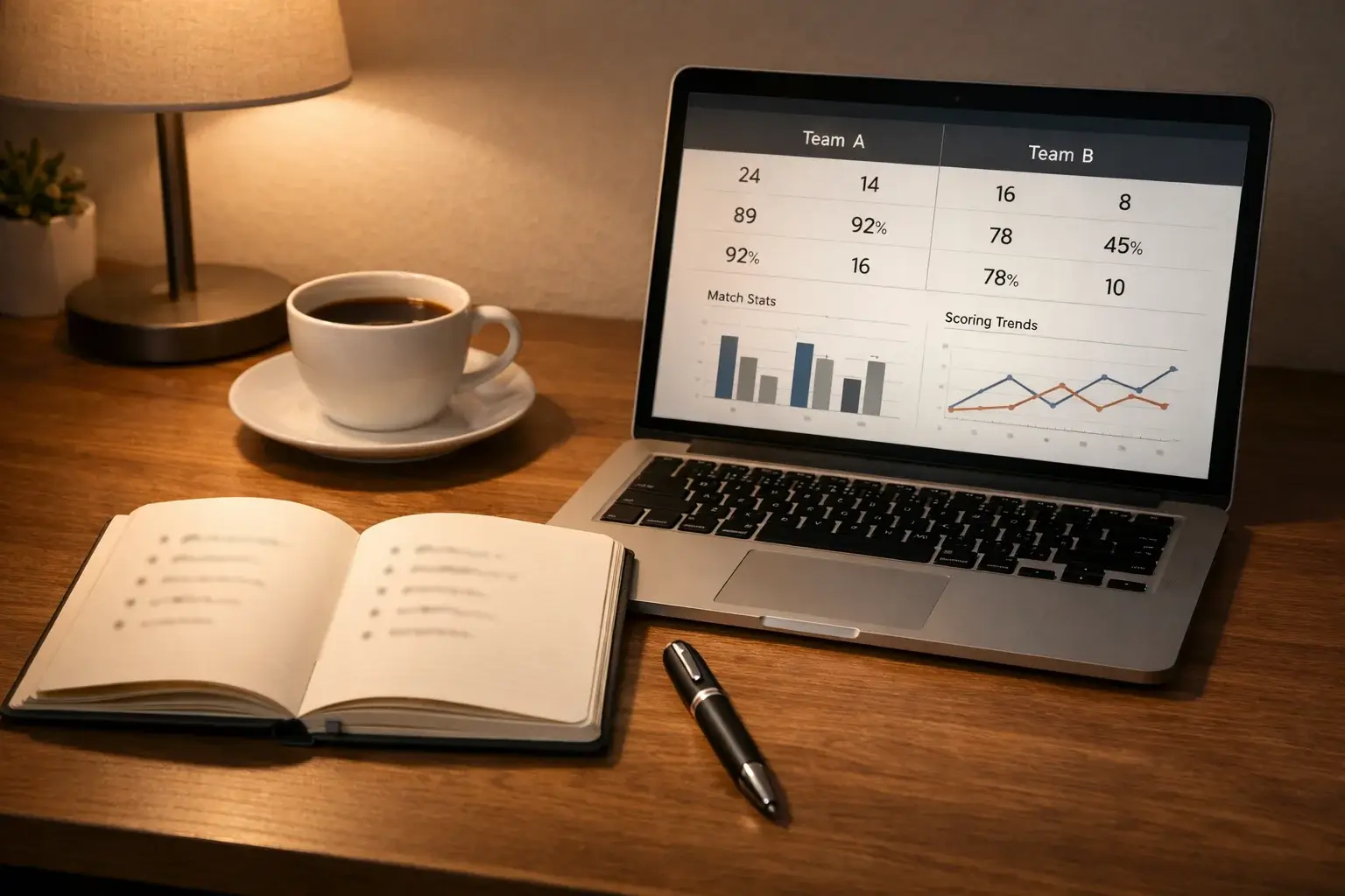 Notitieboek met pen naast laptop voor het bijhouden van weddenschappen