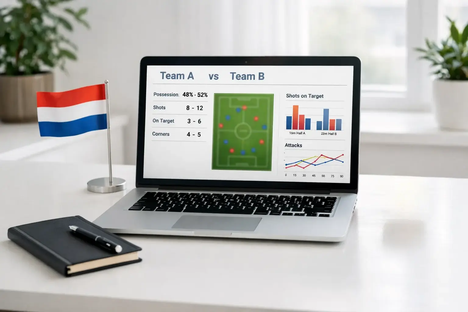 Laptop met voetbalstatistieken en Nederlandse vlag op bureau