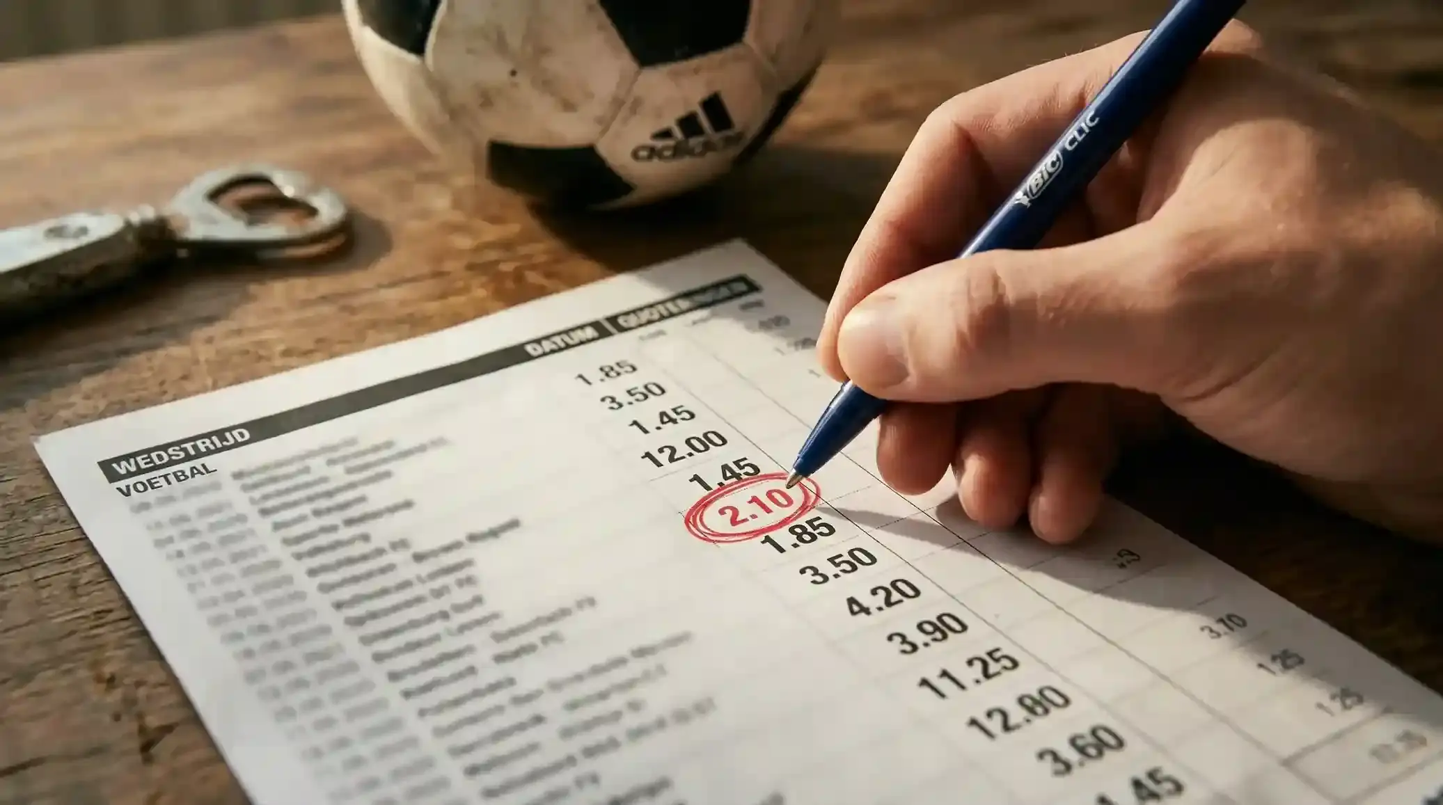 Close-up van een hand die een quotering omcirkelt op een gedrukt wedformulier