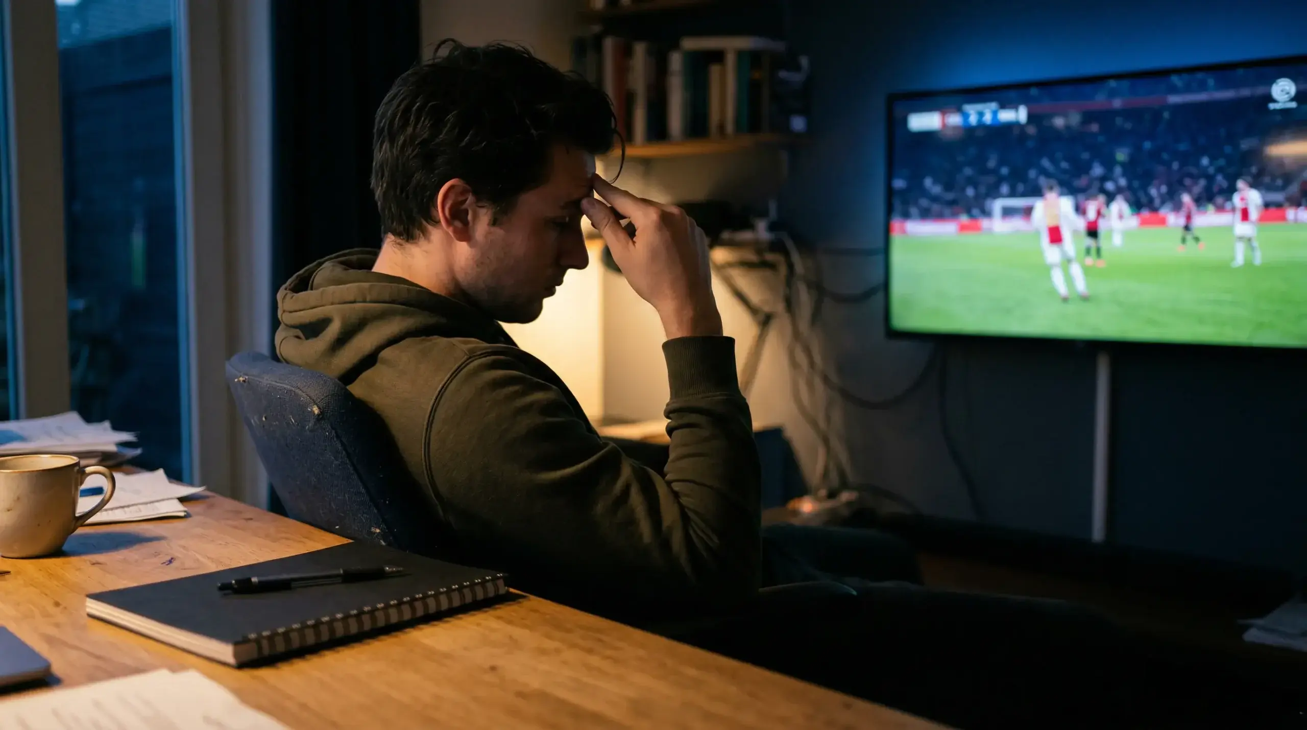 Gefrustreerde voetbalfan leunt achterover na een verloren weddenschap