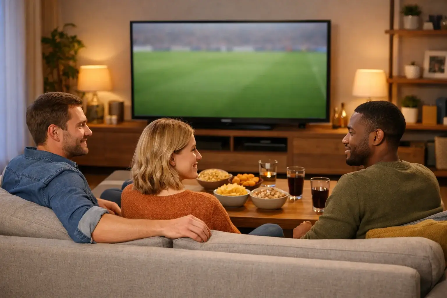 Persoon die rustig een wedstrijd kijkt in de huiskamer met vrienden