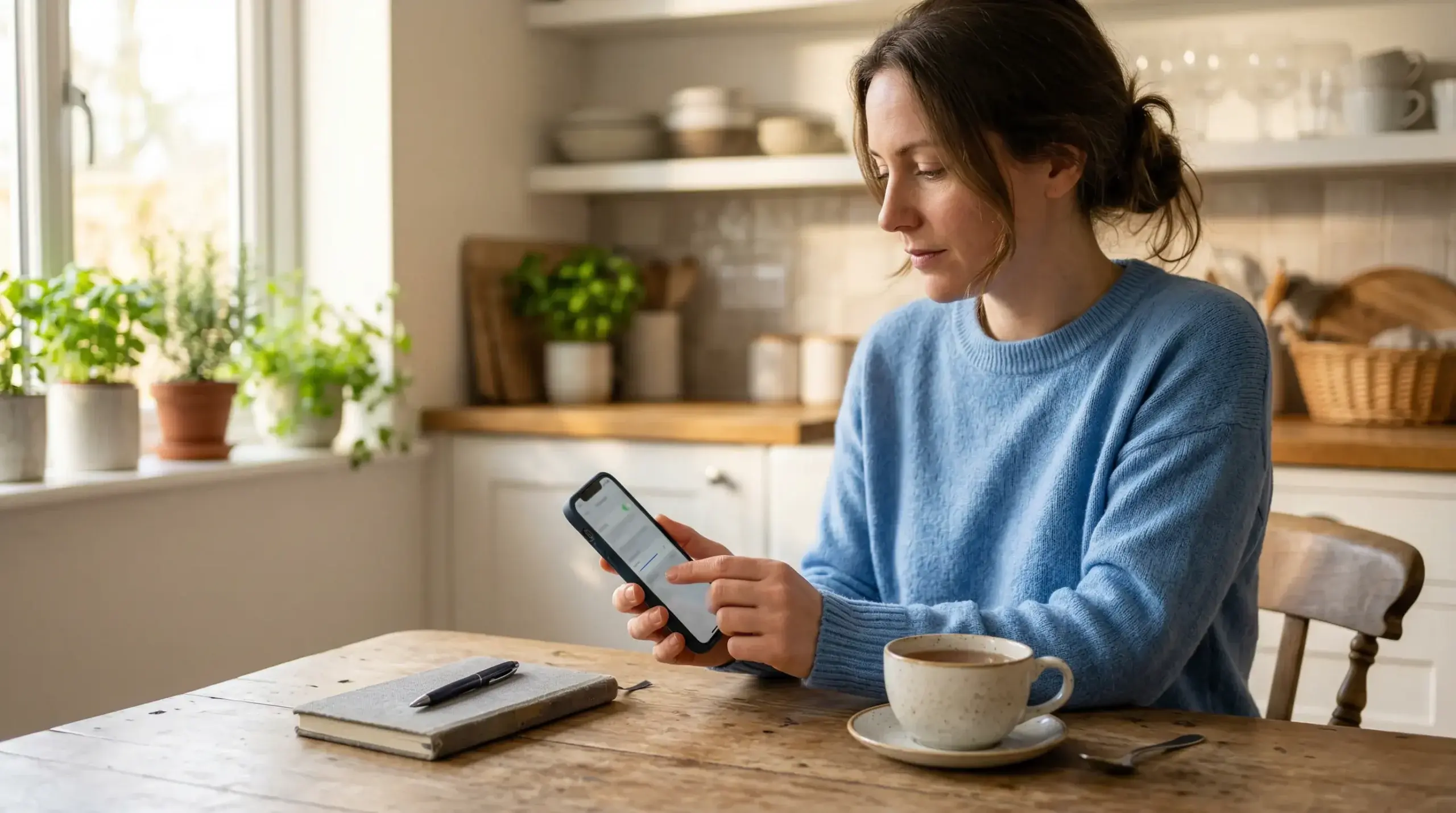 Persoon zet rustig een limiet in op een telefoon met een kopje thee ernaast