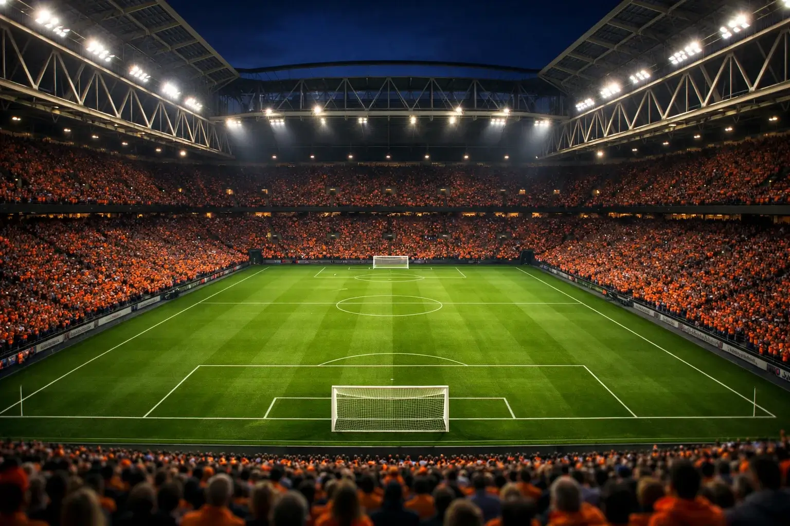 Voetbalstadion gevuld met enthousiaste supporters tijdens een avondwedstrijd in de Eredivisie