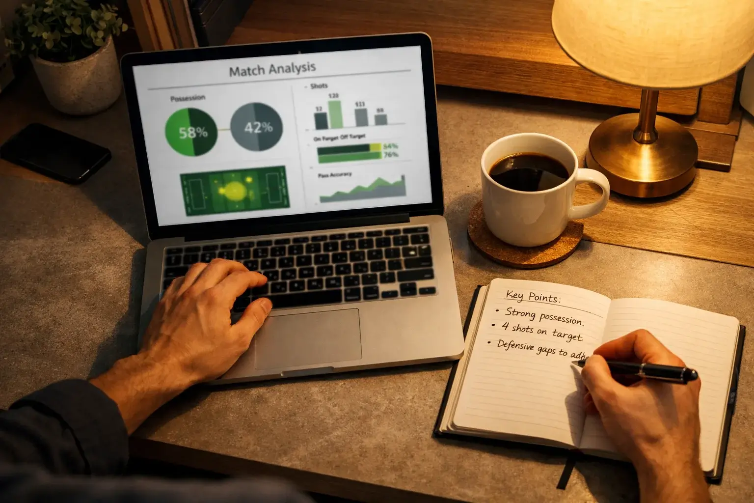 Persoon analyseert voetbalwedstrijden op laptop met notities
