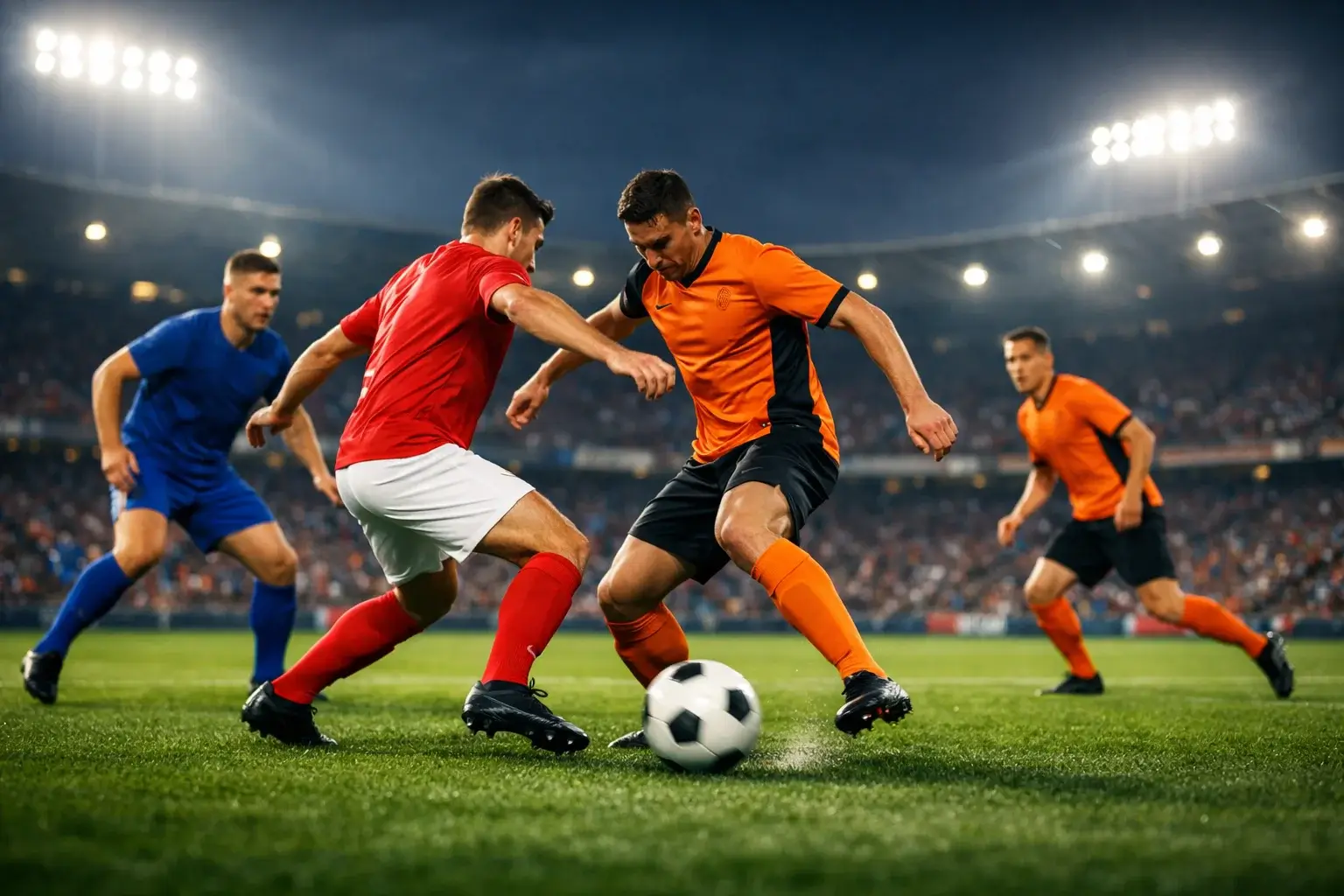 Professionele voetbalwedstrijd met spelers op een groen veld