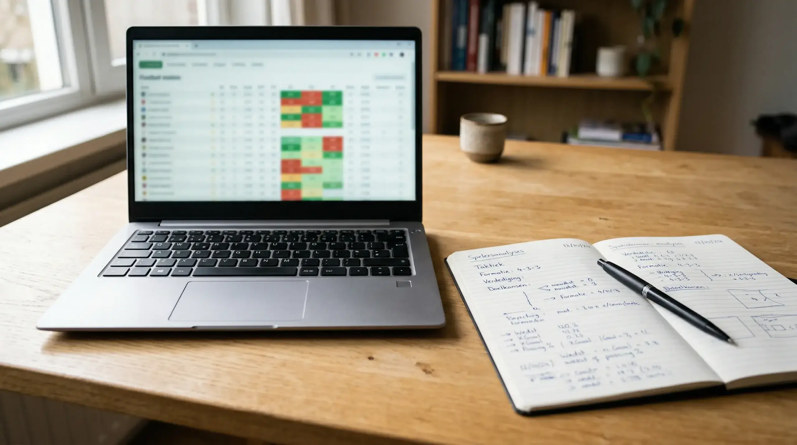 Laptopscherm met voetbalstatistieken en grafieken naast een notitieboekje