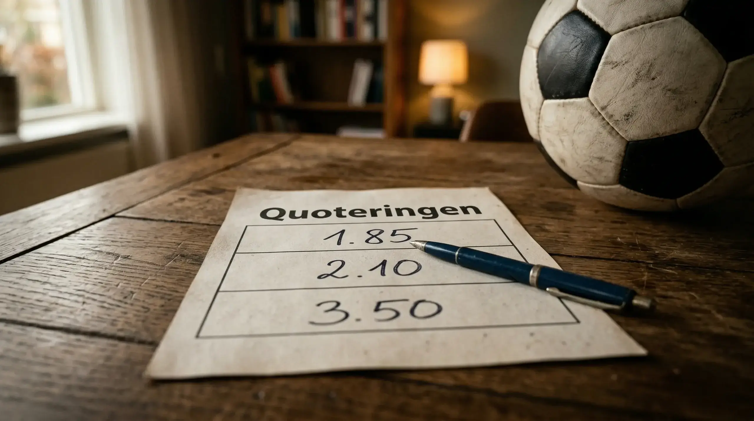 Close-up van een wedformulier met decimale quoteringen naast een voetbal