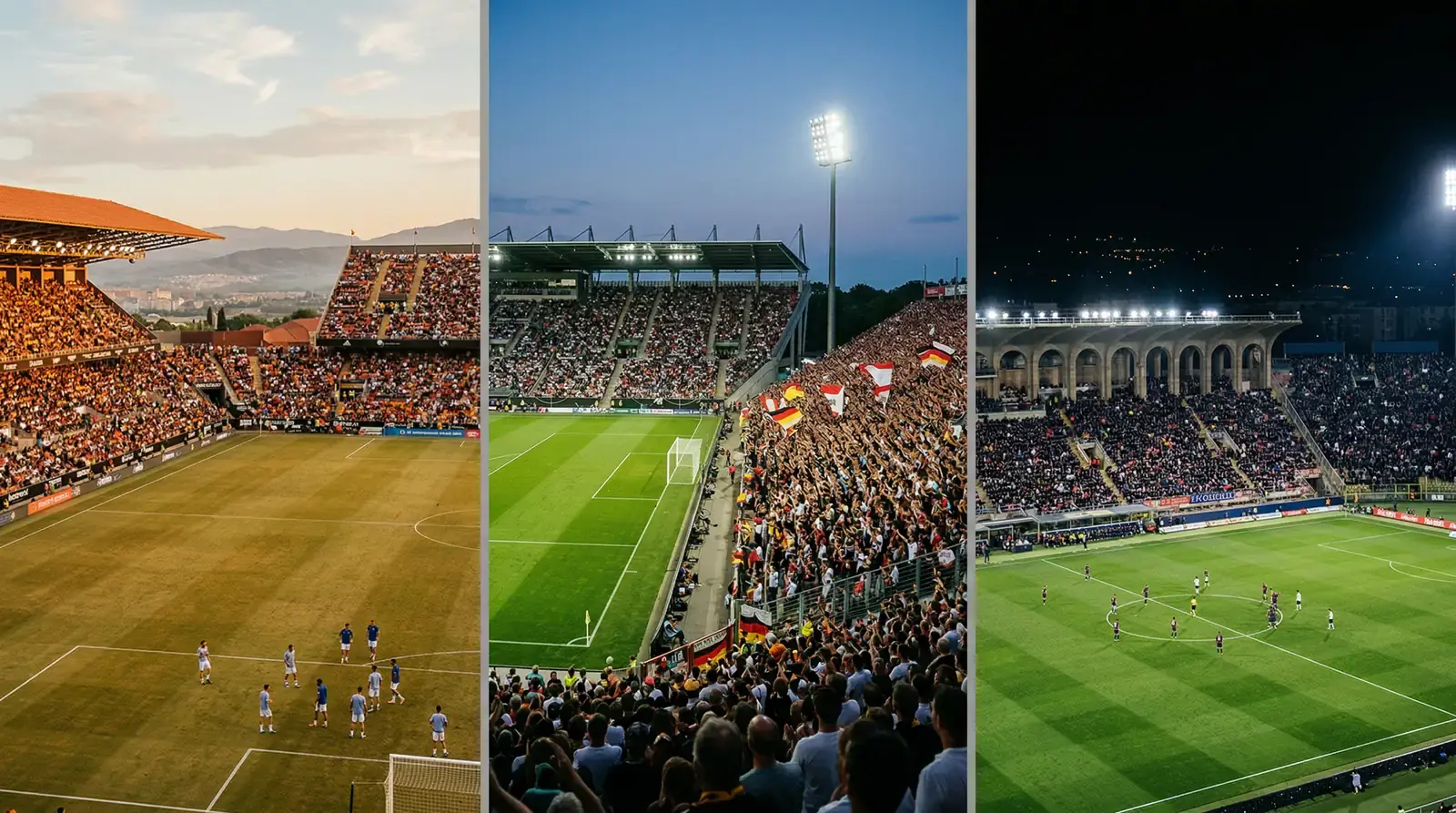 Drie Europese voetbalstadions naast elkaar: Spaans, Duits en Italiaans