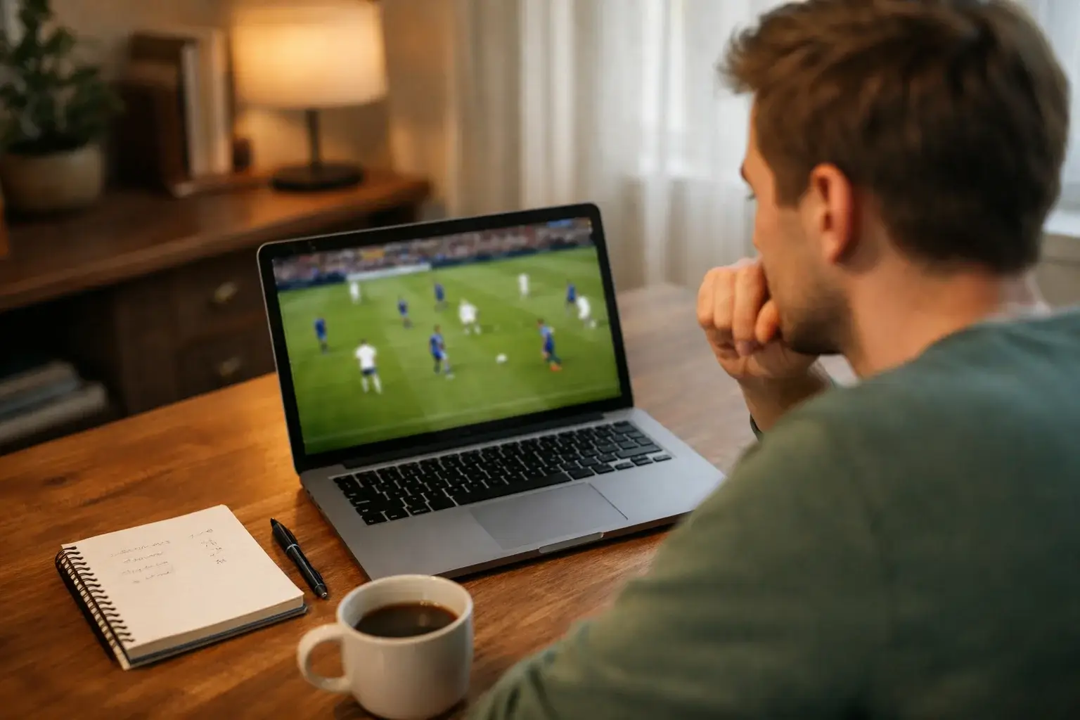 Persoon die op laptop een voetbalwedstrijd analyseert met notities en een kop koffie