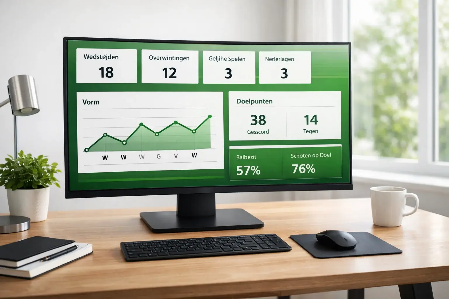 Computerscherm met voetbalstatistieken en prestatiegrafieken